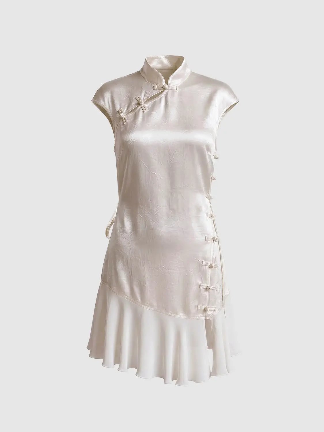 X-Line Dress, satin beige cheongsam-inspired with Mandarin collar, side frog closures, and layered white hem.