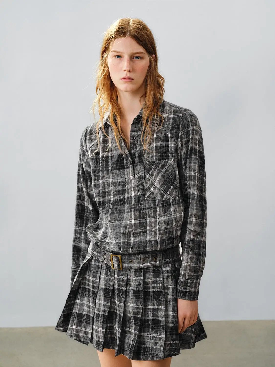 A-Line Dress in charcoal gray plaid by Urban Revivo Fashion with belted waist