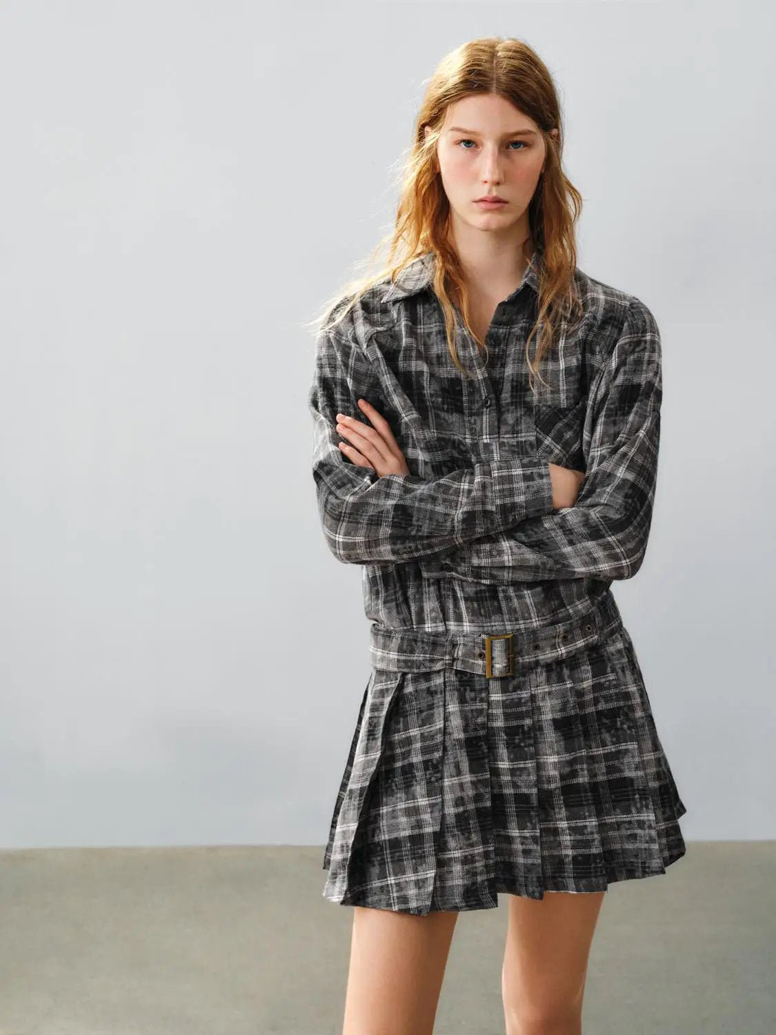 A-Line Dress by Urban Revivo in grey plaid with belt