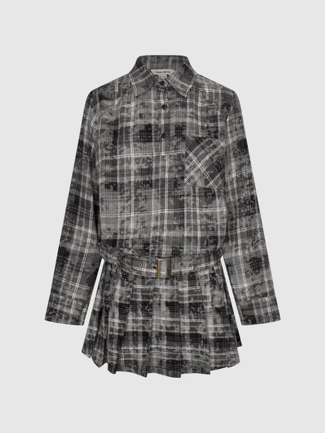 A-Line Dress in gray plaid with belted waist and long sleeves by Urban Revivo Fashion