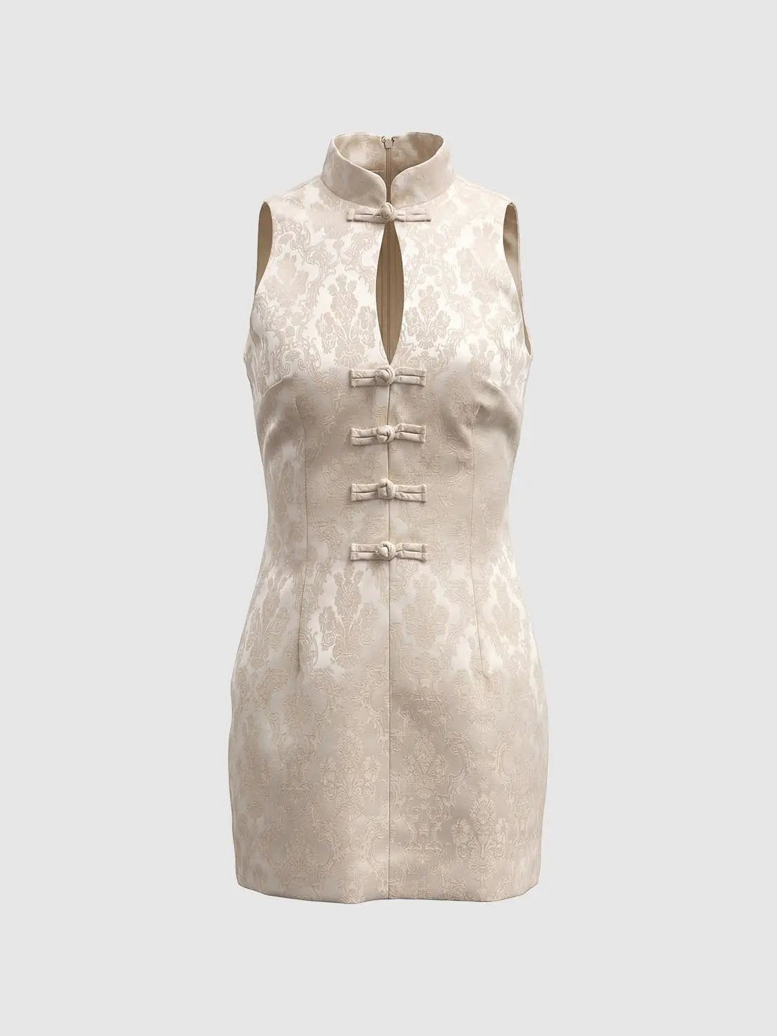 S-line Dress, cream jacquard with floral damask, sleeveless high-neck with frog closures by Urban Revivo Fashion