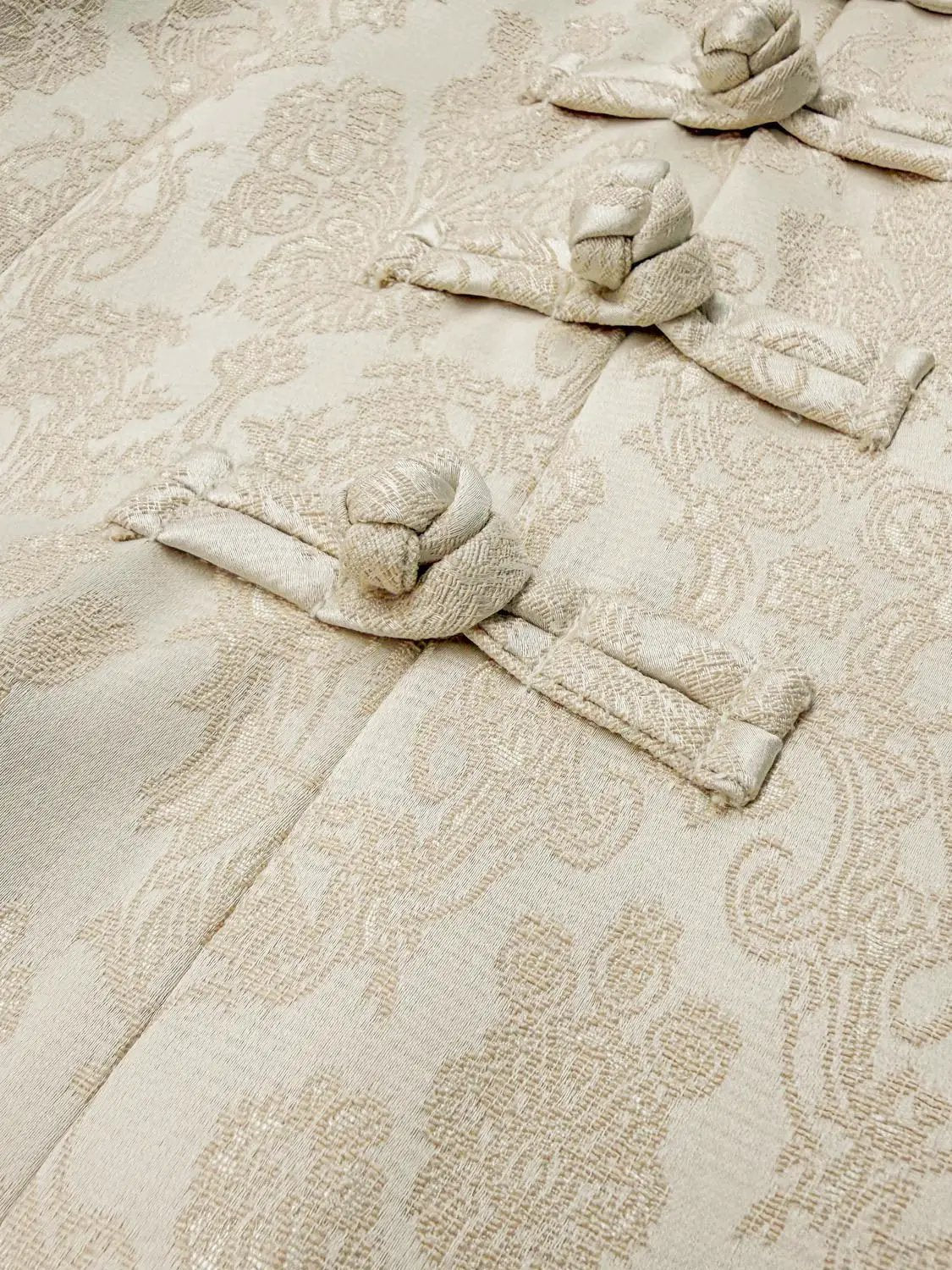 S-line Dress by Urban Revivo Fashion in beige jacquard with knotted belt detailing