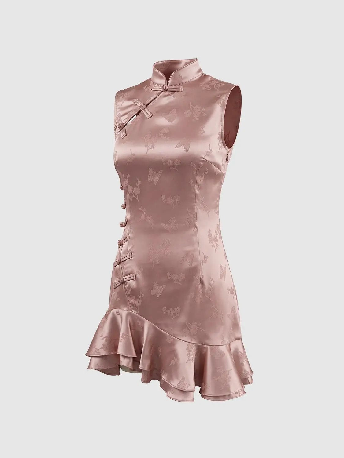 S-line dress in pink satin with butterfly floral jacquard, mandarin collar, frog closures, and a layered ruffle hem.
