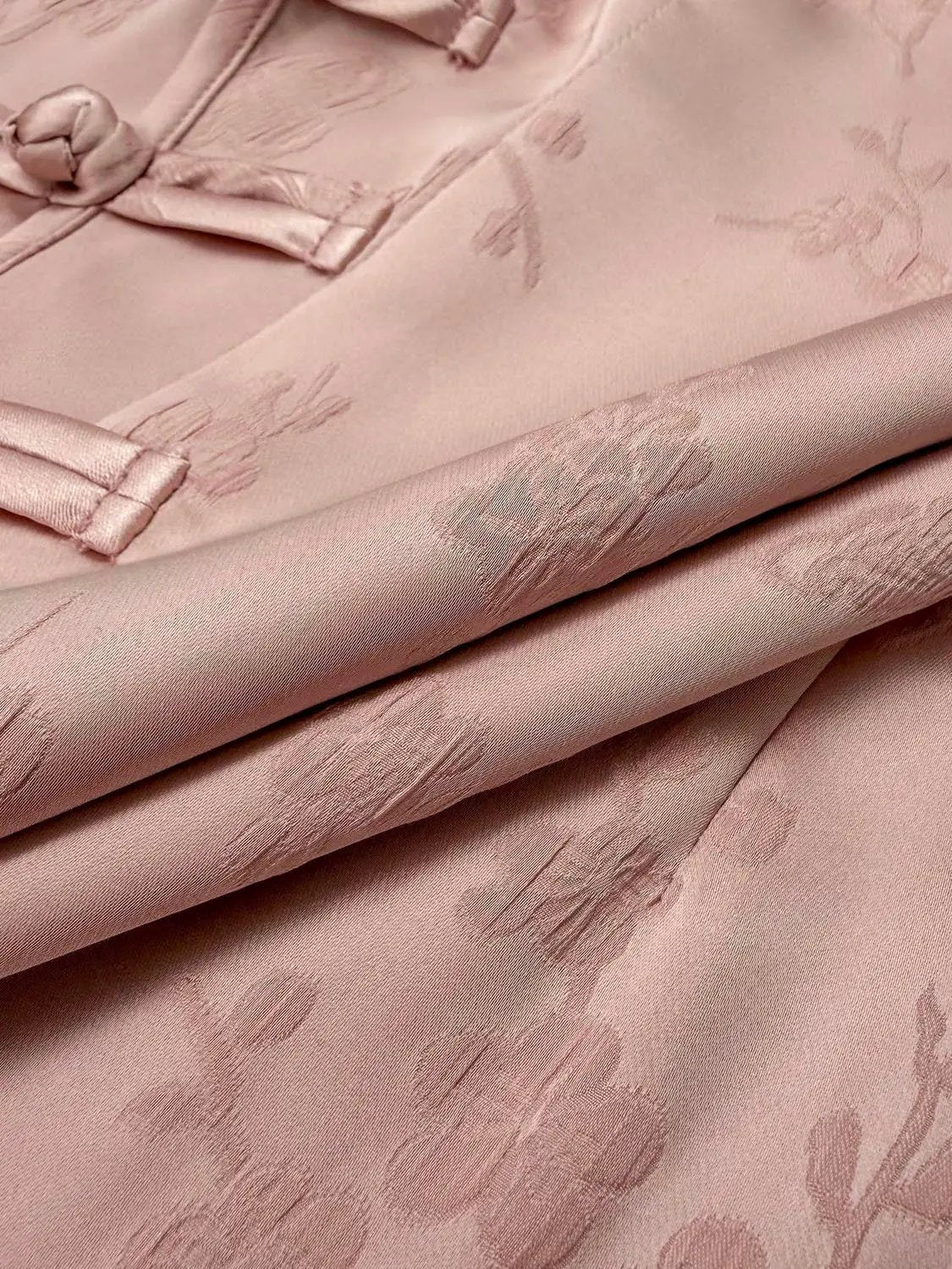 S-line Dress pink jacquard fabric with subtle floral pattern and bow accents