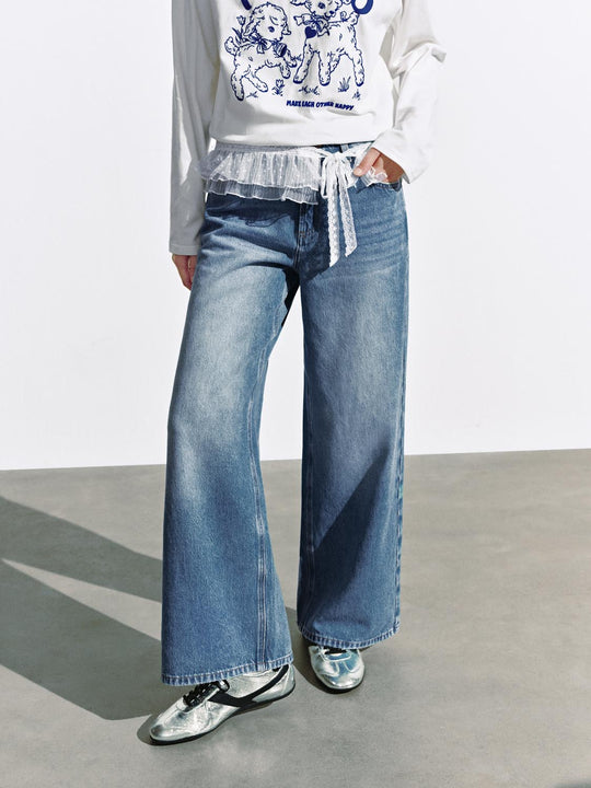 Lace Trim Wide Leg Jeans