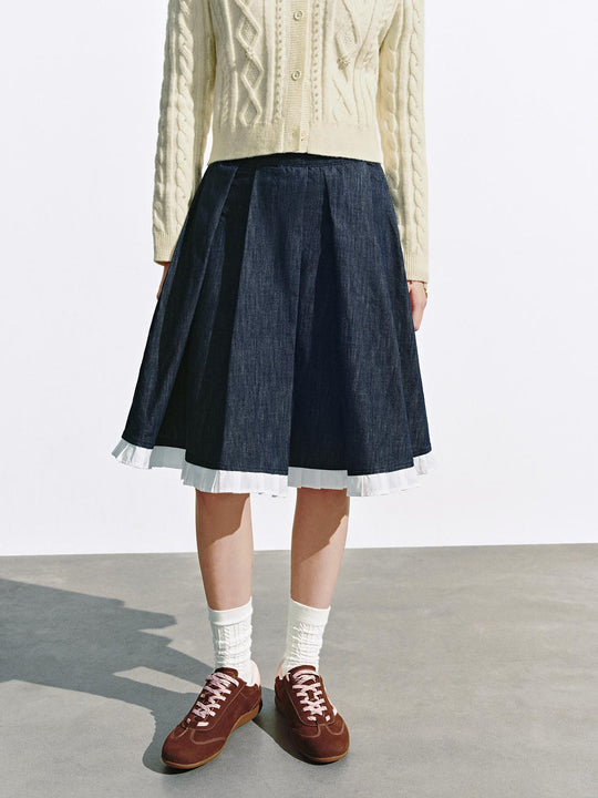 Kontrast Saum Falten Jeansröcke