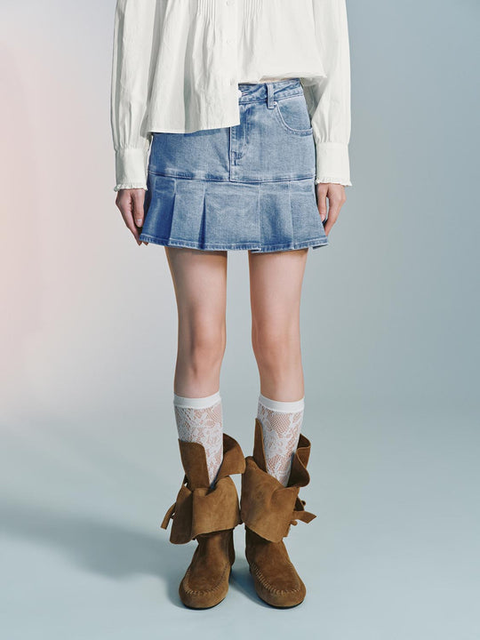 Pleated Denim Mini Skirts