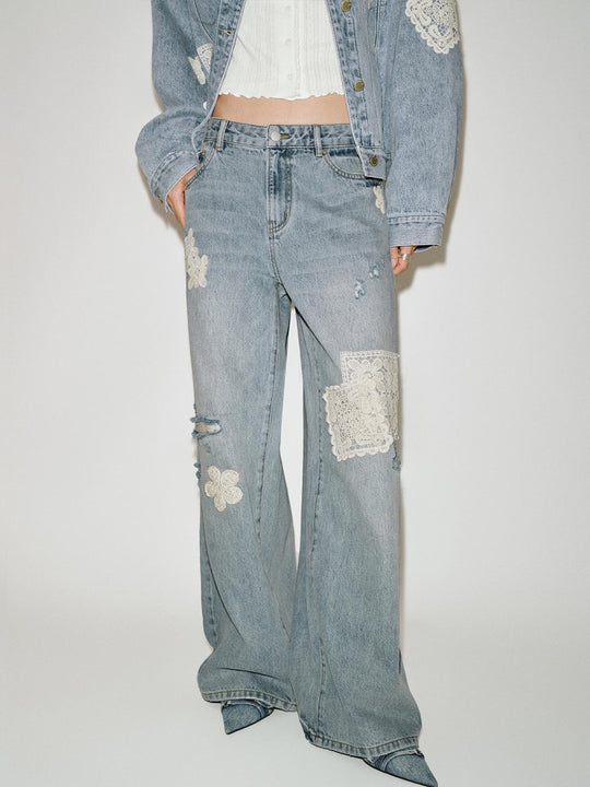 Lace Patch Wide Leg Jeans