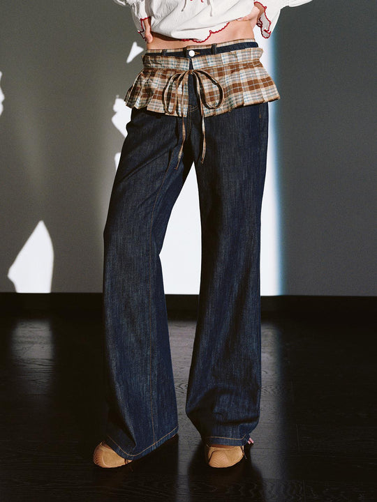 Check Overlay Spliced Flare Leg Jeans