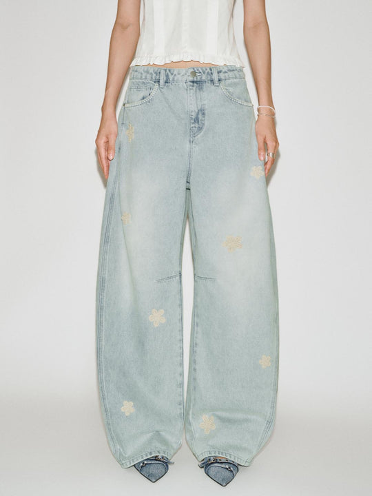 Floral Embroidered Barrel Leg Jeans
