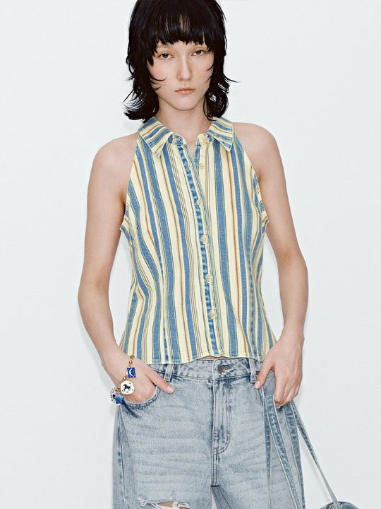 Contrast Striped Sleeveless Denim Shirts