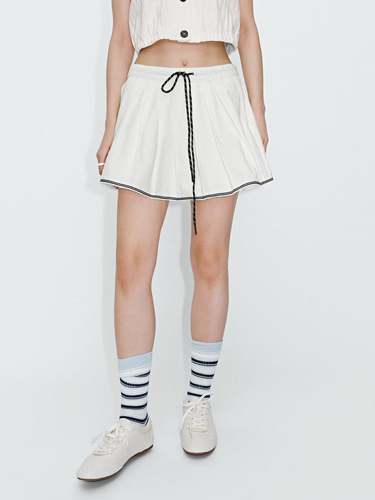 Contrast Trim Drawstring Pleated Denim Mini Skirts