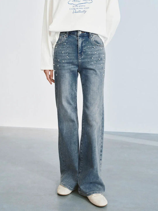Denim Rhinestone Pearl Embellished Jeans