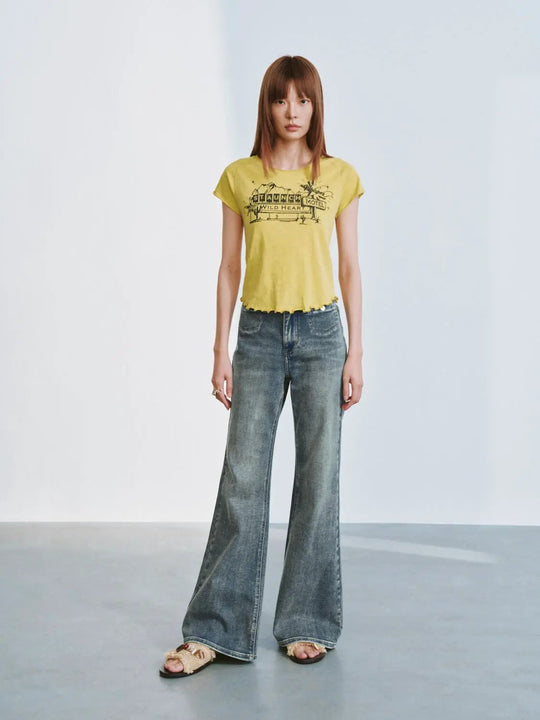 Washed Flare Leg Jeans With Slight Stretch Denim