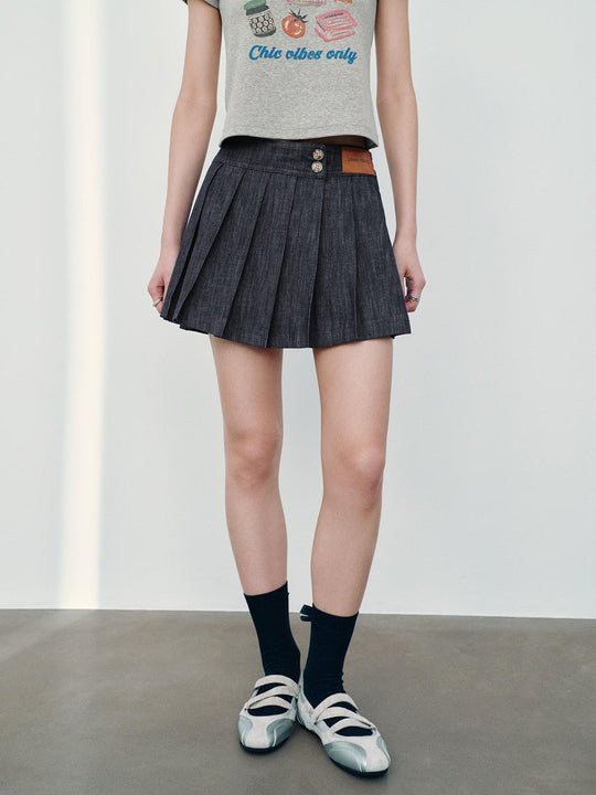 Pleated Denim Mini Skirts