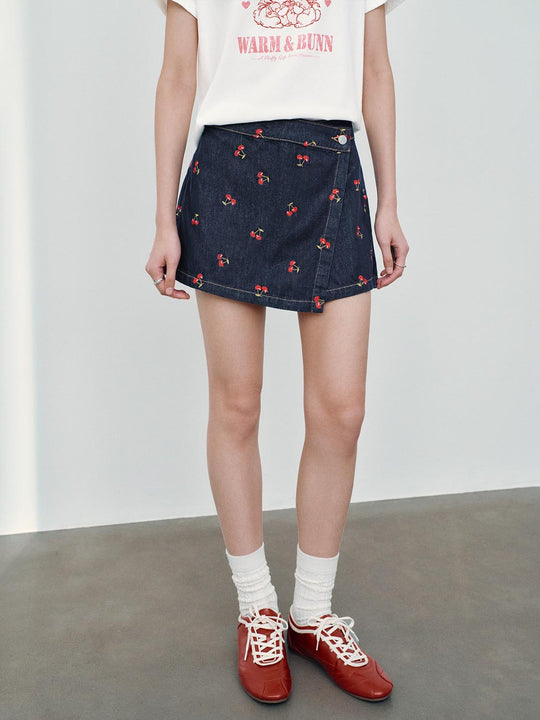 Cherry Printed Denim Mini Skorts