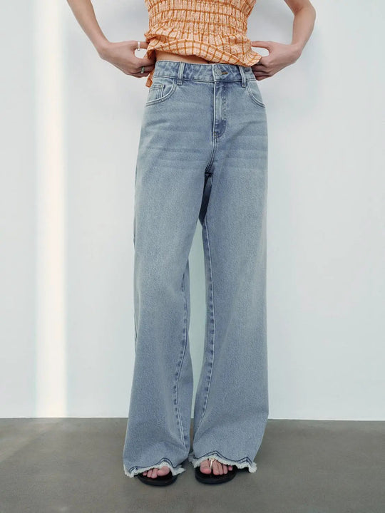 Cotton Wide Leg Raw Hem High Rise Distressed Jeans