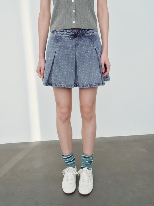 Polka Dotted Pleated Denim Mini Skirts