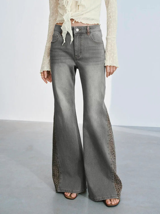 Leopard Print Detail Seamed Flare Leg Jeans With Slight Stretch