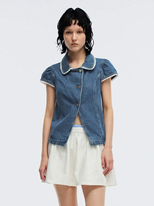 Cotton Cap Sleeve Ruffle Trim Shirt