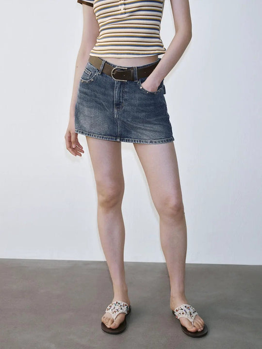 Mid Wash Denim Belted Modern Fit Mini Skirt
