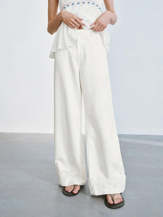 Guipure Lace Trim Wide Leg Cotton Lyocell Jeans