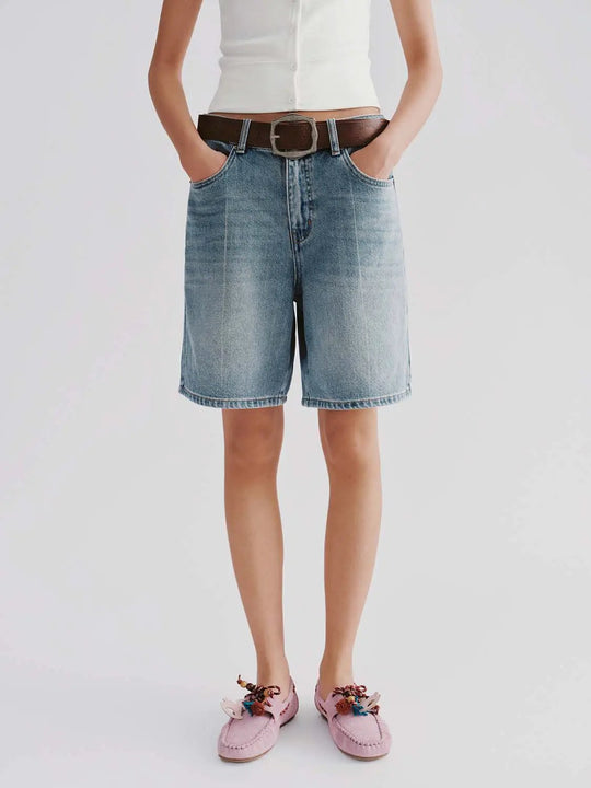 Belted Denim Leather Belt Shorts