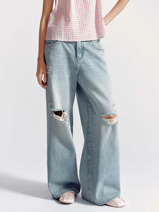 Cotton Wide Leg Distressed Raw Detail Jeans
