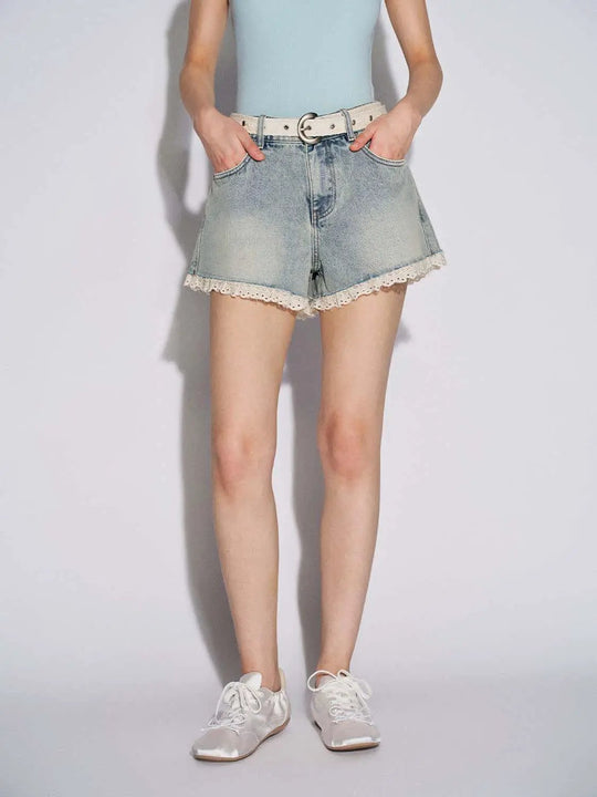 Belted Lace Hem Denim Shorts
