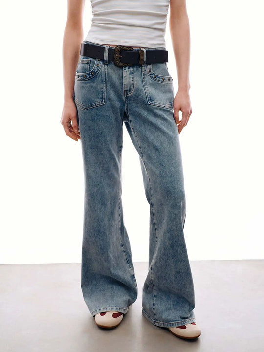 Classic Stretch Denim Belted Flare Jeans