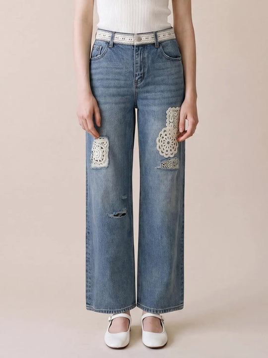 Crochet Lace Patch Distressed Denim Wide Leg Jeans