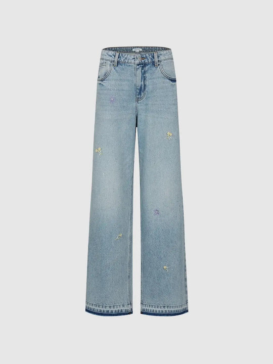 Embroidered Floral Details Denim Wide Leg Jeans