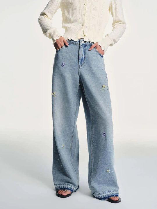 Embroidered Floral Details Denim Wide Leg Jeans