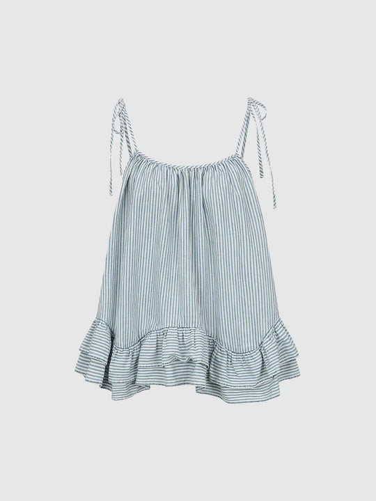 Cotton Tie-Strap Ruffle Hem Sleeveless Denim Shirt