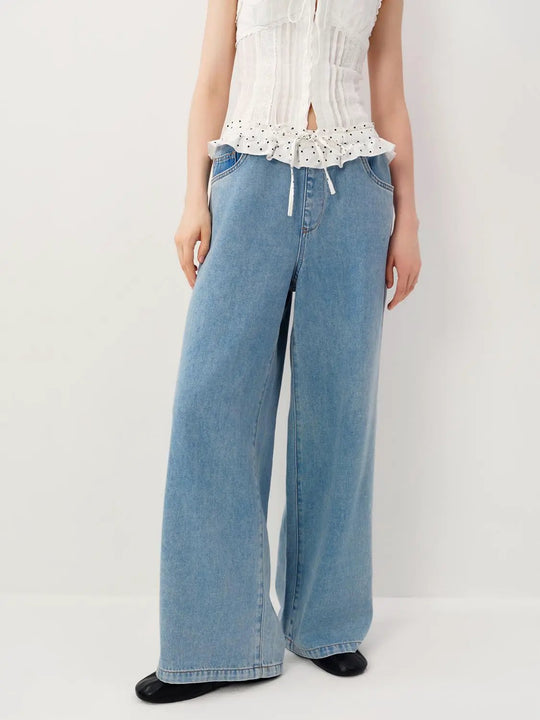 Wide-Leg With Polka Dot Waist Ruffle Jeans