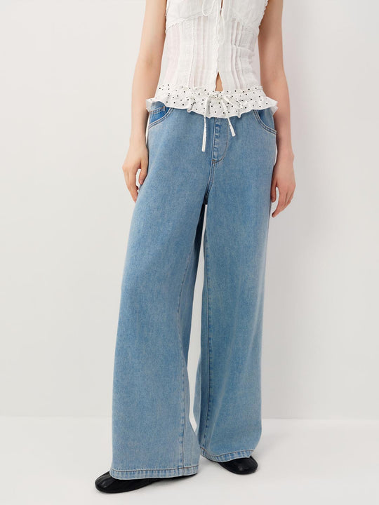 Wide-Leg With Polka Dot Waist Ruffle Jeans
