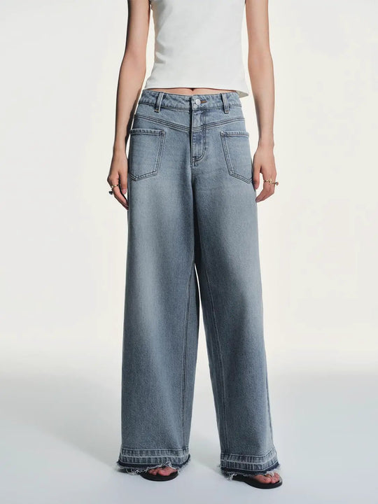 Light Wash Wide-leg Raw Hem Cotton Jeans