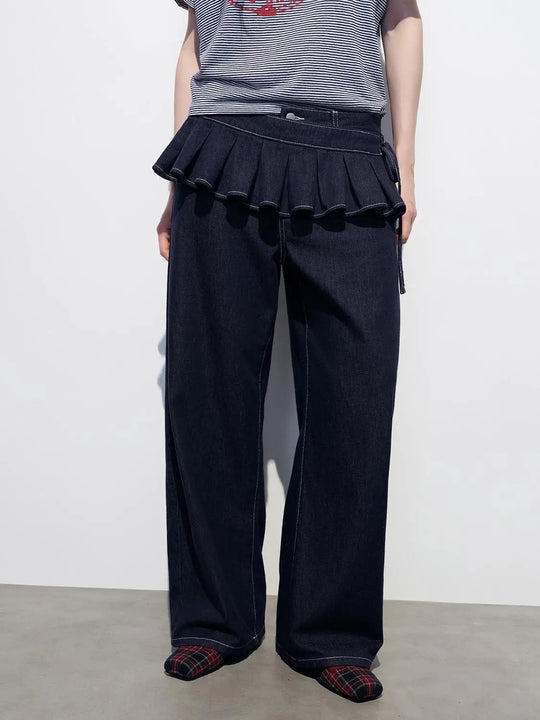 Ruffled Waist Wash Wide-leg Cotton Jeans
