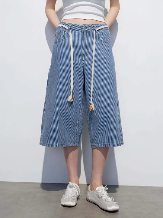 Cotton Striped Wide-Leg Drawstring Jeans