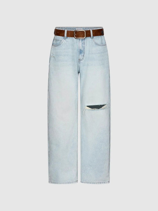 Belted Raw Detail Wide Leg Jeans