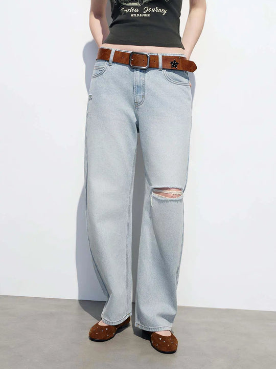 Belted Raw Detail Wide Leg Jeans