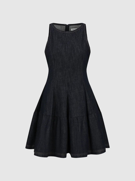Cotton Denim Tiered Flared Midi With Structured Seams Dress