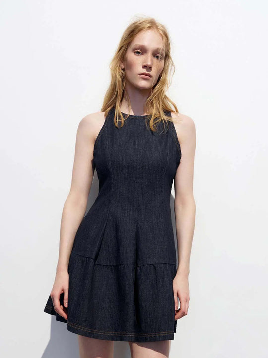 Cotton Tiered Flared Structured Seams Sleeveless Denim Midi Dress