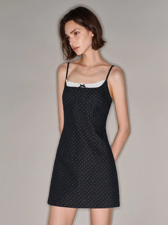 Dotted Lace Trim Spaghetti Strap Cotton Denim Mini Dress