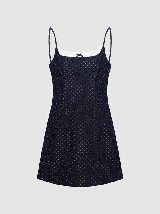 Cotton Dotted Lace Trim Spaghetti Strap Denim Mini Dresses