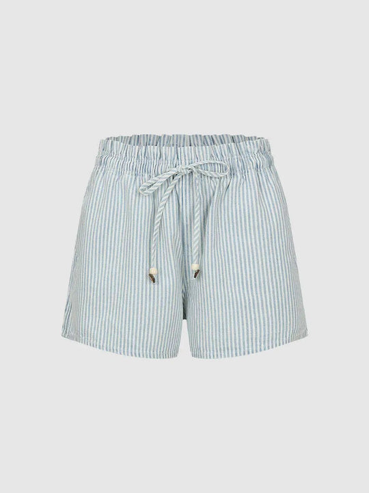 Cotton Vertical Stripe Pattern Drawstring Elastic-Waist Fabric Shorts
