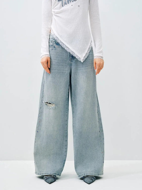 Wide-leg Distressed Rhinestone Cotton Jeans