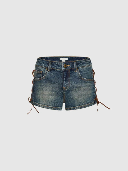 Cotton Lace-Up Sides Denim Shorts