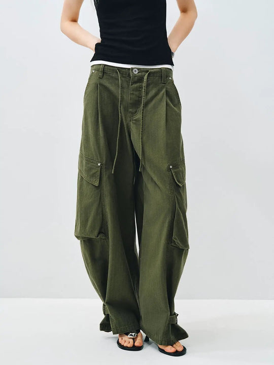Casual Cargo Wide-leg Cotton Drawstring Pants