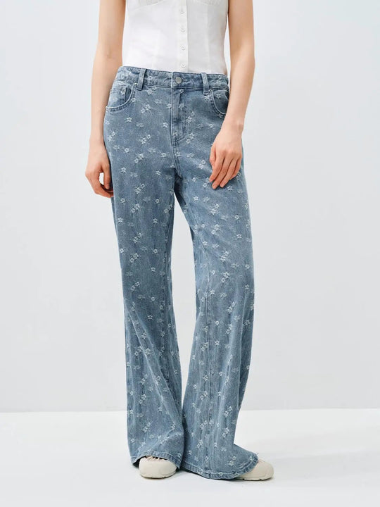 Floral Print Denim Wide-leg Full Length Jeans